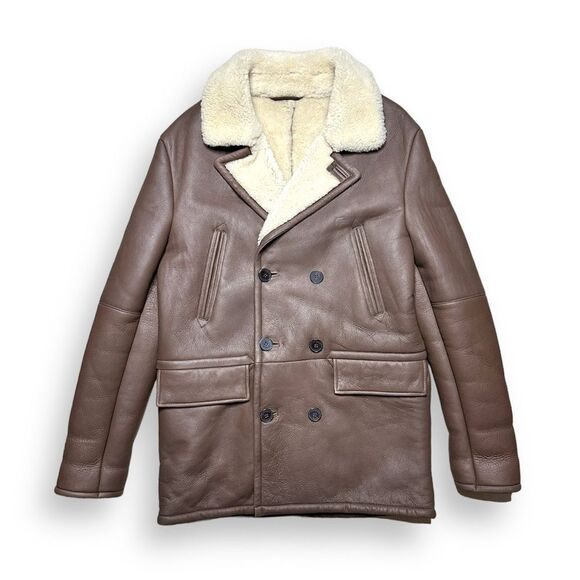 Lacoste Men Double Breasted Sheepskin Shearling Fur Wool Peacoat Medium - Picture 2 of 7